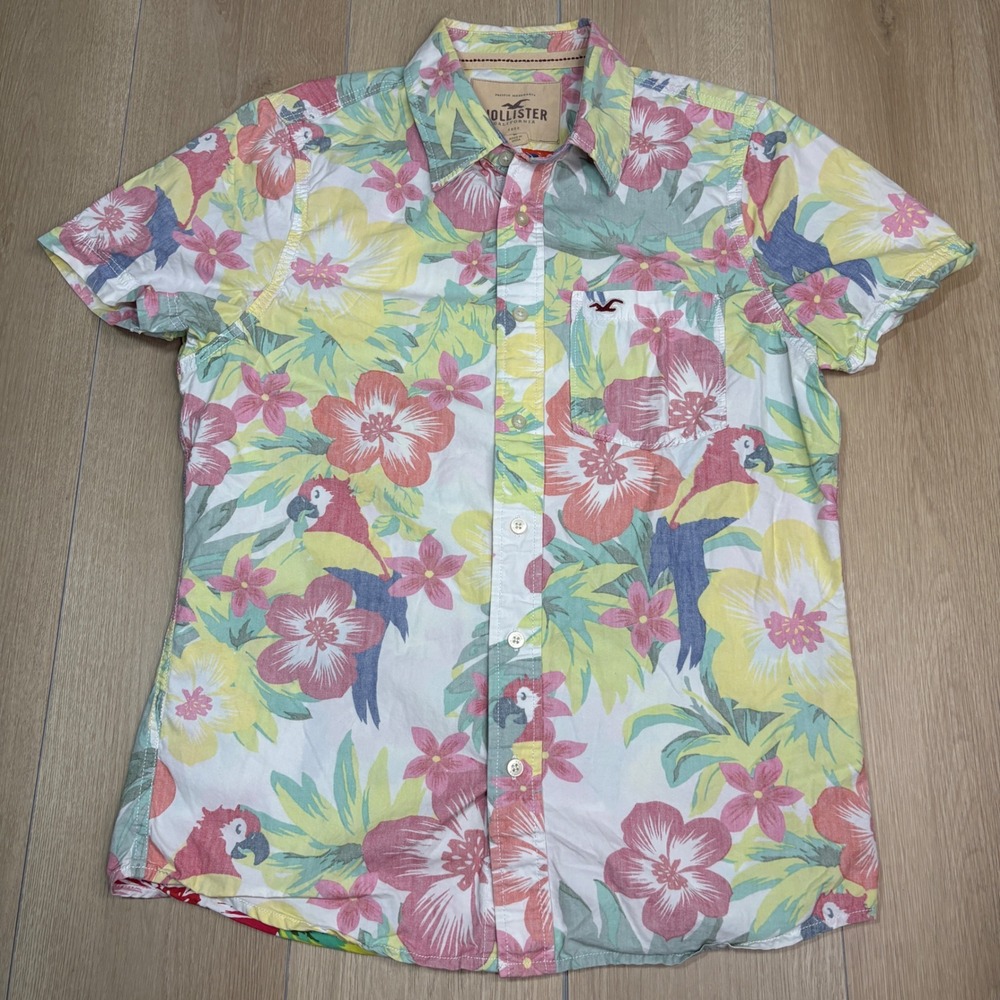 Hollister Mens Short Sleeve‎ Tropical Parrot Floral Button Down Shirt Reverse L